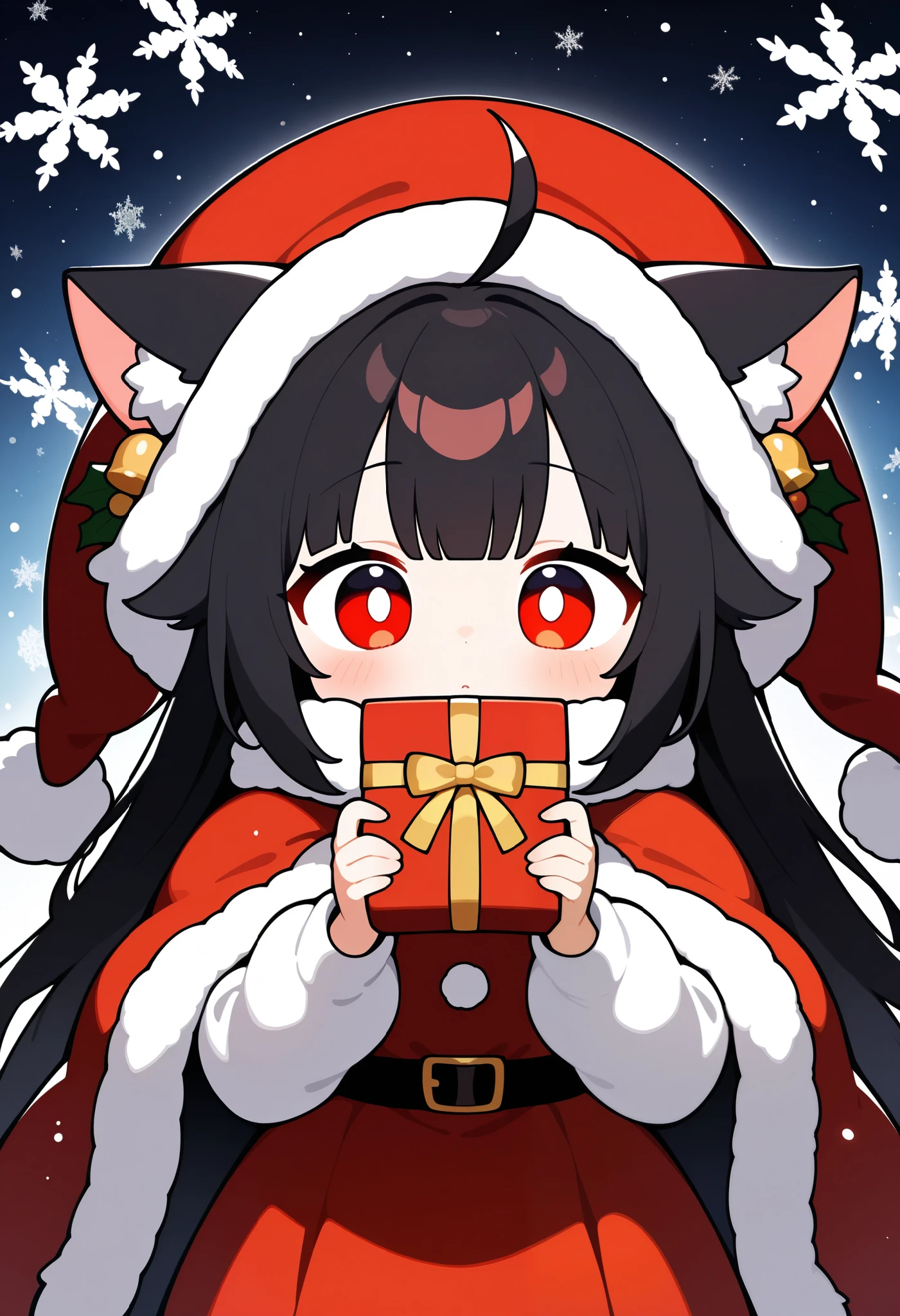 score_9, score_8_up, score_7_up, score_6_up, score_5_up, score_4_up, source_Anime, (Anime), (Front View), 1 girl in uniform, junkotvvxl, Alone, red eyes, black hair, long hair, cat ears , Ahoge, straight bangs, Wool hat, Red sundress, red cloak, holding a star , Holding a gift box, Christmas theme , snowflake background
