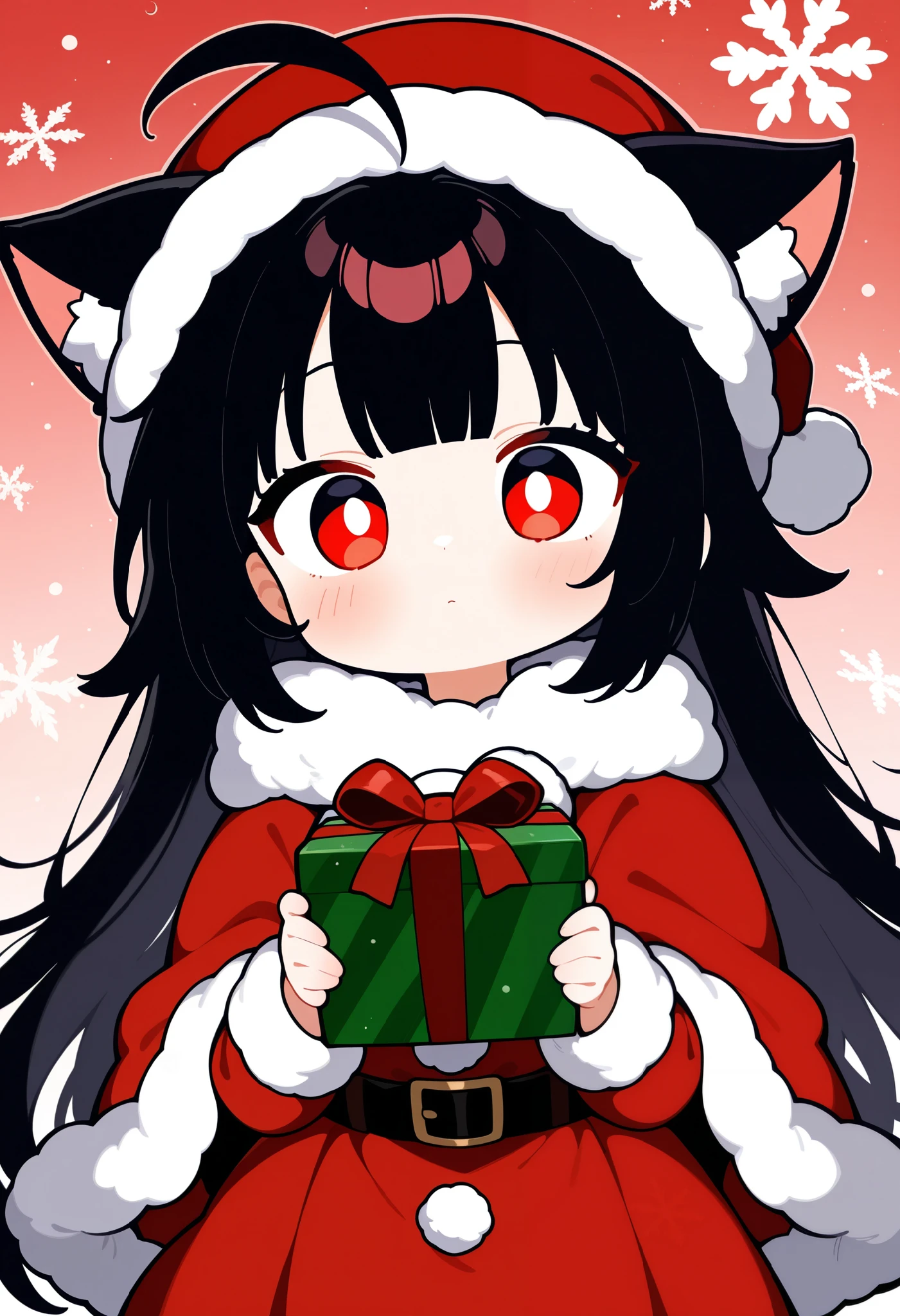 score_9, score_8_up, score_7_up, score_6_up, score_5_up, score_4_up, source_Anime, (Anime), (Front View), 1 girl in uniform, junkotvvxl, Alone, red eyes, black hair, long hair, cat ears , Ahoge, straight bangs, Wool hat, Red sundress, red cloak, holding a star , Holding a gift box, Christmas theme , snowflake background