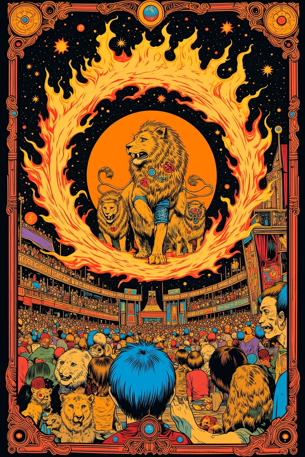 There is a poster of the hallucinogenic art of the trapeze ,Spectators watching in a tent , what is the name of the circus troupe 「Life world」, there is a poster of the circus troupe's illusory art, Circus in the Imaginary World ,Whimsical Circus ,close-up,  close-up view ,  1968 sci-fi tarot card   , Close view , close-up shot , Geometric ornament,Close up shot, Exploitable Images, very detailed circus , high res, accurate,  high detail,   Illusion Art  ,    psychedelic surreal art   ,  terrifying surrealist art   ,   dmt Death of Ego  ,  DMT Egodes   , Ultra Detailed Fantastic Art   ,     fantastic art by high res  , Tool Band Art, tarot card design ,「Life world」The string 