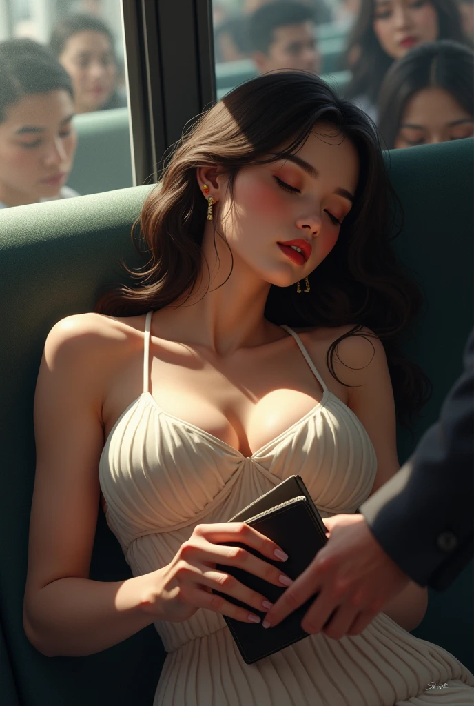Beautiful woman, Jennifer Lopez, sleeping with her mouth open, sleeping passed out on the train, drooling, sweating, eyelids made up, passed out, dressed in a sexy dress