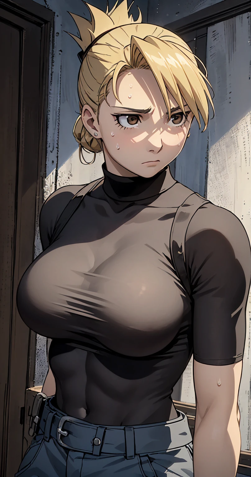 masterpiece,  top quality ,  high res,  One Girl , Hamriz,  ponytail,  brown eyes,big ,   black shirt  ,   Tight Shirt  , , Short sleeve, belt,  covered navel , blue pants ,indoor、 upper body close-up、 muscular body flowing through a bowl、、sweat、Composition from the front、Anime、((( person highlighting gray、 big boobs、Exposing both sides、sweat、Expectations)))