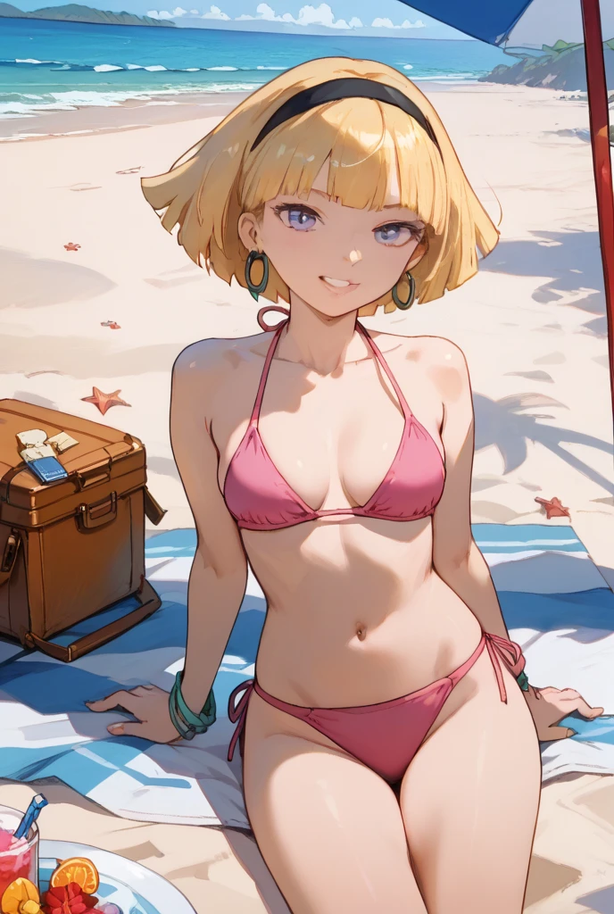 真实感, a blonde with pink-streaked hair, in a golden bikini with a rose on a beach at sunset