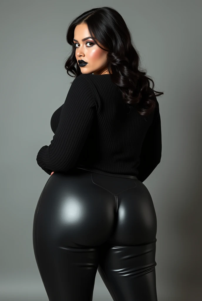 Girl with dark black hair, white, flat stomach, blue eyes, beautiful face, big , big ass, thick thighs, pink lips, small waist, in a sexy bunny costume, standing, a bunny costume that shows her butt, back to camera, showing off her big ass, black and thin bunny suit, que se vean bien sus nalgas bigs