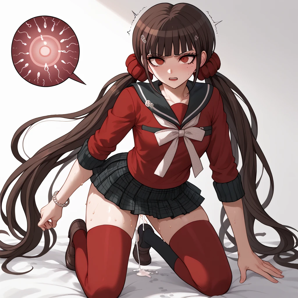 harukawa maki, long hair, bangs, brown hair, black hair, hair ornament, red eyes, twintails, very long hair, hairclip, blunt bangs, mole under eye, low twintails, scrunchie, hair scrunchie, red scrunchie,skirt, shirt, thighhighs, long sleeves, bow, school uniform, pleated skirt,  serafuku, miniskirt, black skirt, sailor collar, mole, bracelet,  zettai ryouiki, plaid, plaid skirt, red shirt, black sailor collar, red thighhighs,1girl、komatsuzaki rui style、danganronpa style、NSFW、impregnation,shaking,trembling、steam,sweat、sweaty body,very sweaty,pussy juice leaking、creampie、 rape、 vaginal、sex slave、defeated、forced pleasure、tears、panties around one leg、white silk pantie、Nipples、open clothes、all fours,arm grab