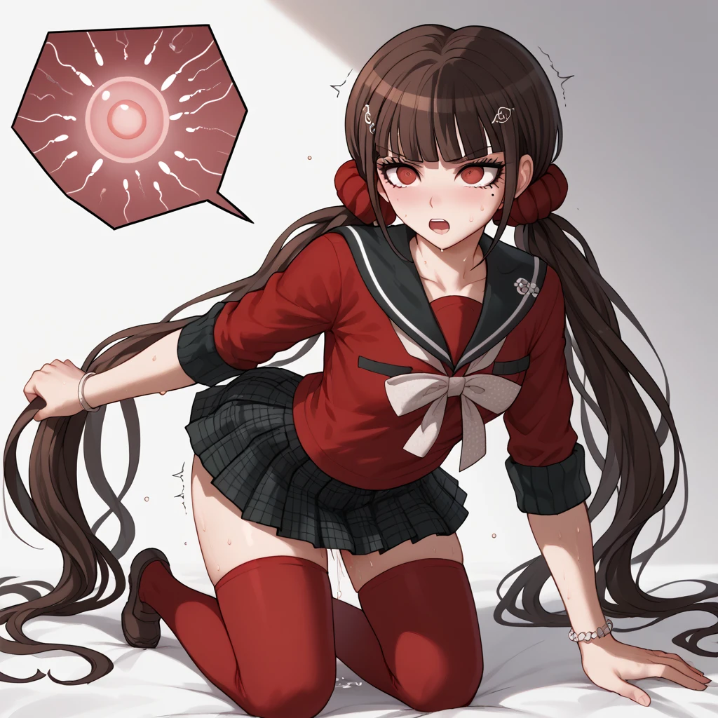 harukawa maki, long hair, bangs, brown hair, black hair, hair ornament, red eyes, twintails, very long hair, hairclip, blunt bangs, mole under eye, low twintails, scrunchie, hair scrunchie, red scrunchie,skirt, shirt, thighhighs, long sleeves, bow, school uniform, pleated skirt,  serafuku, miniskirt, black skirt, sailor collar, mole, bracelet,  zettai ryouiki, plaid, plaid skirt, red shirt, black sailor collar, red thighhighs,1girl、komatsuzaki rui style、danganronpa style、NSFW、impregnation,shaking,trembling、steam,sweat、sweaty body,very sweaty,pussy juice leaking、creampie、 rape、 vaginal、sex slave、defeated、forced pleasure、tears、panties around one leg、white silk pantie、Nipples、open clothes、all fours,arm grab