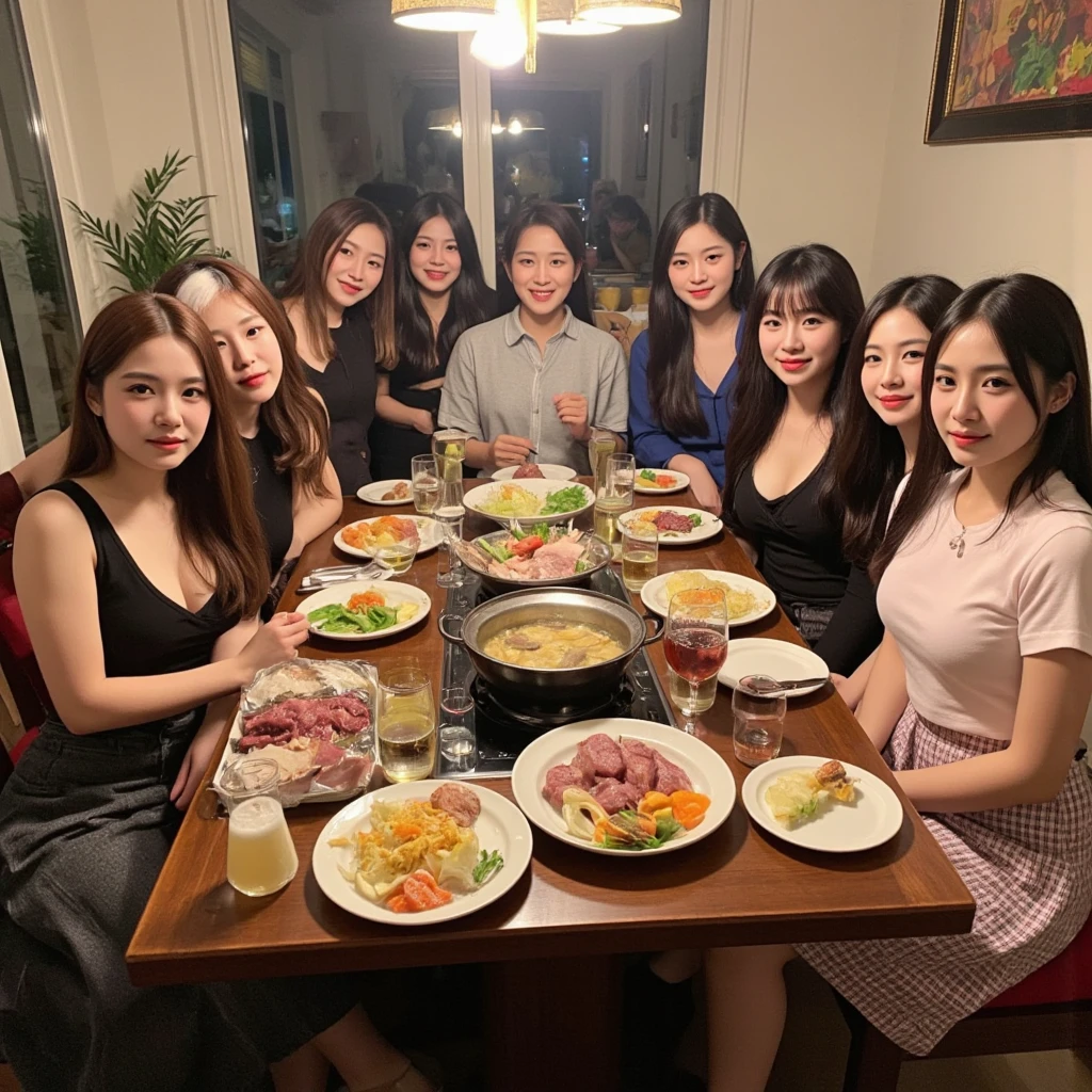 woman sitting at a table with Hot Pot, meat, vegetables, beer, and wine, Chiho, Harumi, sakimi-chan, shikamimi, sakimichan,  Shiori Teshirogi,  narumi kakinouchi , shinsui ito, Yoshitomo Nara, ayamin to whom, Aoi Ogata, Junko Enoshima, beautiful faces, big breasts, large breasts, Asian house party, lots of people around, lots of friends around, 11 friends together, sitting together, SFW, random faces, different faces, different colour clothing, Fancy clothing, fancy house, super fancy house, rich house, mansion,