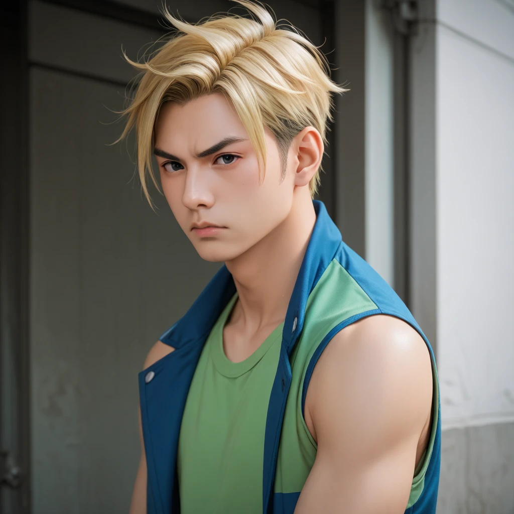 solo, 1boy, kawaki, black top hair, blonde side hair, tone hair, black eyes, blue jacket, sleeveless, green shirt, scowl,