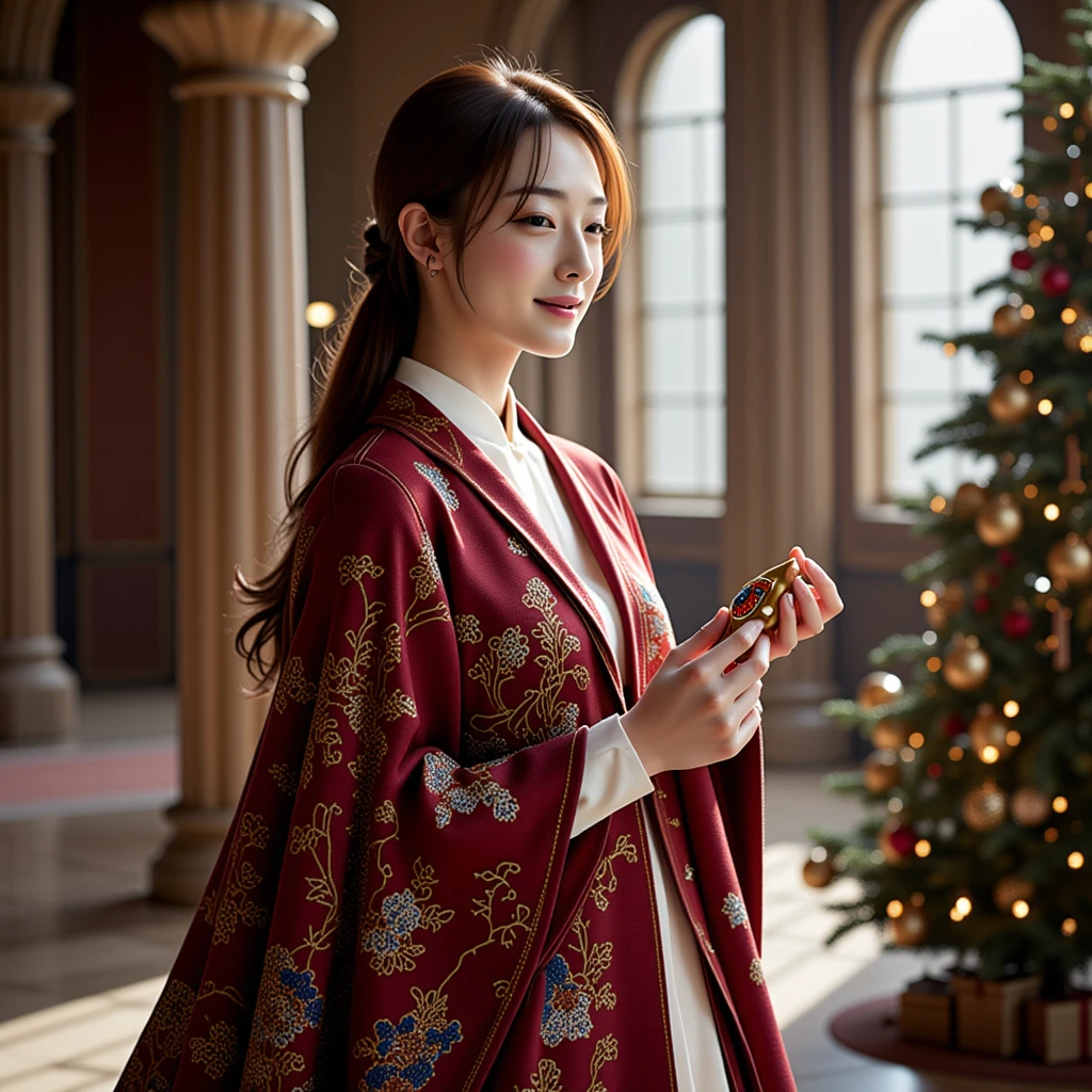 A beautiful Asian woman dressed in a deep wine-red cloak adorned with exquisite and intricate botanical patterns featuring mystical plants, deep blue flowers, delicate snowflakes, and shimmering ice crystals. The cloak's hem glows with golden embroidery, radiating an aura of elegance and refinement. Beneath the cloak, she wears an elegant white dress shirt. She stands gracefully in a grand room with soaring high ceilings and breathtaking stained glass windows, illuminated by soft, ethereal light. Smiling gently, she holds a small golden bell in one hand, softly ringing it, as if inviting a magical melody into the serene space. In the background, on the right side of the scene, a beautifully decorated Christmas tree glistens with festive ornaments, adding to the enchanting atmosphere