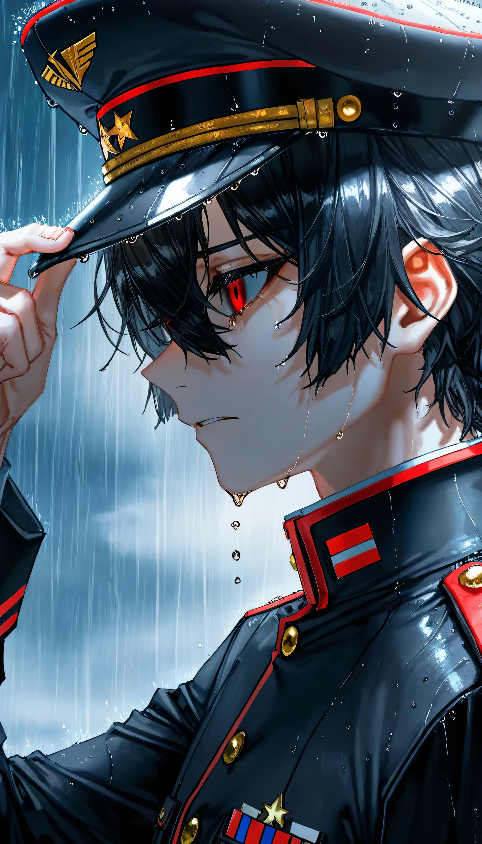 quasarcake, masterpiece, best quality, 1boy, mature, red eye and black hair, from side, hat tip, military hat, military uniform, rain, raindrop, close up, sad scene, depressing scene