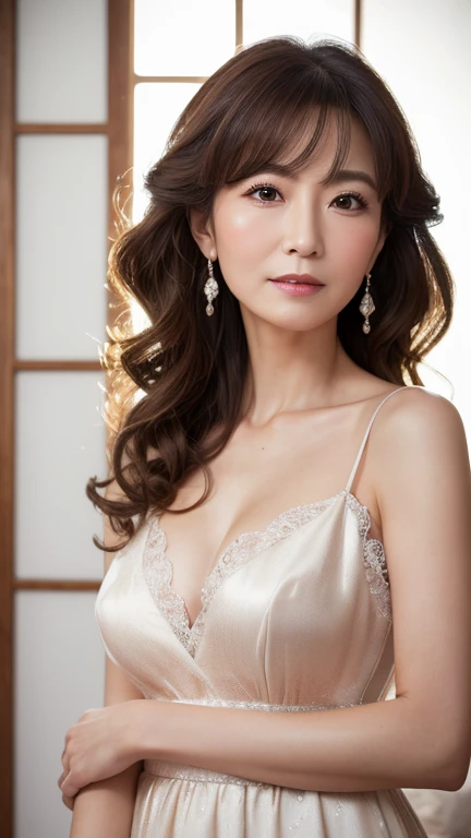(Highest quality、Tabletop、8k、Best image quality、Award-winning works)、(One beautiful woman:1.1)、(Cleavage:1.5)、(大きなCleavageを露出する:1.5)、Perfect mature woman portrait photo、Glowing Skin、Standing Elegantly、(Blurred elegant and exquisite perfect Japanese style room background:1.3)、(The most natural and perfect tidy Japanese style room background:1.2)、Glowing White Skin、Very white skin、(Accentuate your body lines:1.1)、(The most graceful posture:1.2)、A perfect smile、Perfect beautiful glossy lips、(Accurate anatomy:1.1)、(A perfect and elegant outfit:1.1)、(Standing with good posture:1.1)、