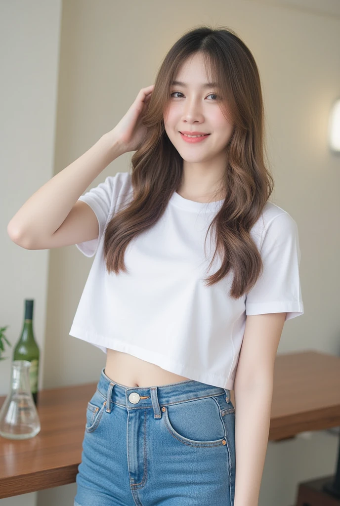  Korean girl with long hair ,  Natural Brown Hair ,   medium chest,  Smiling, seeing white teeth,   Wearing a white cropped T-shirt with a round neck, short sleeves,  Long blue jeans bump, RANDOM GESTURES, stand ,  Daylight  ,  daylight  ,That in the cafe  ,