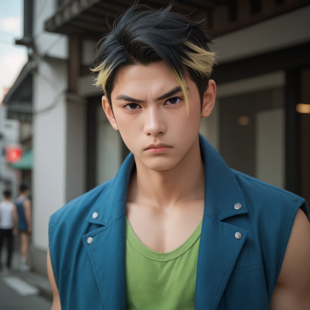 solo, 1boy, kawaki, black hair, blonde side hair, tone hair, black eyes, blue jacket, sleeveless, green shirt, scowl,