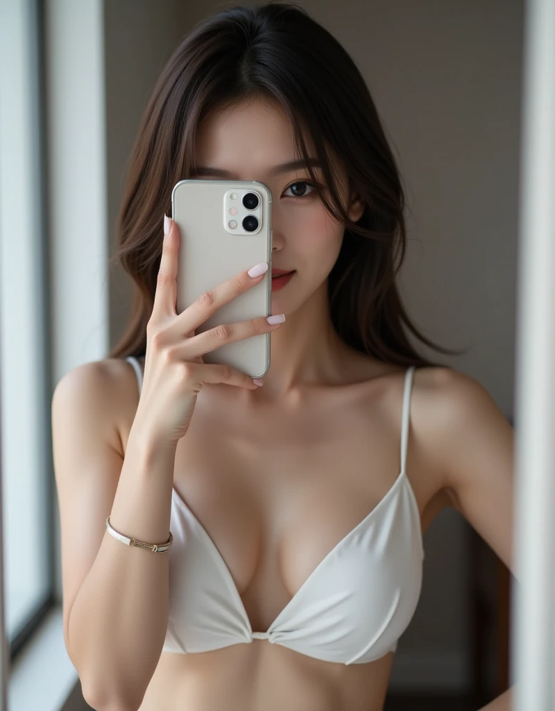 highly detailed, beautiful, hyper Realistic girl, masterpiece, best quality, Japanese sexy gravure woman, 28 years old, identity hidden, takes a selfie in her room using a smartphone in front of a mirror with one hand, One arm raised,She covers her mouth with one hand, looking away from the camera,   ///  gray short hair, light color eyes, Realistic skin, Detailed face, surreal, large breasts, Monotone simple modern taste single room, mirror, complicated background, showing breast, sexy white room wear,