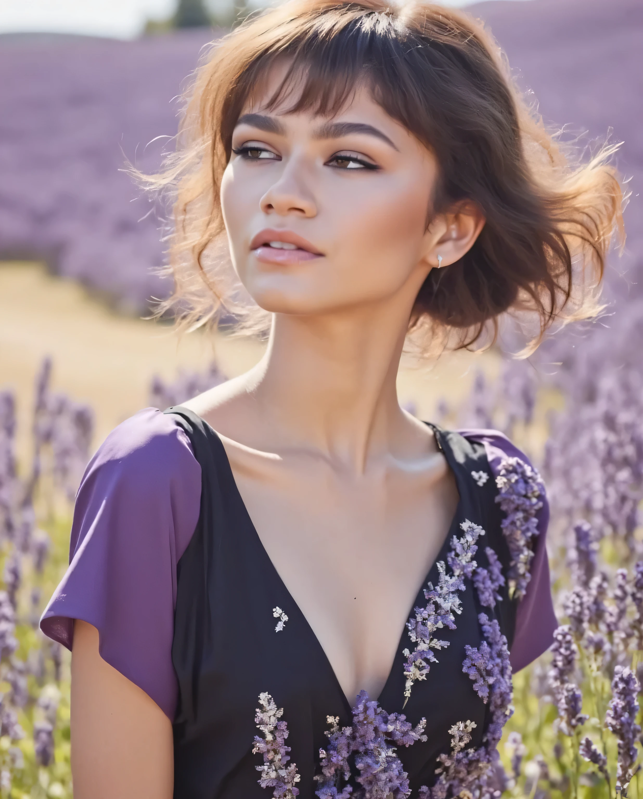 High res waist up portrait photo of a woman directly facing the camera with eye-makeup featuring glittery eye-shadow and clear glossy lip-gloss. a slight seductive look.