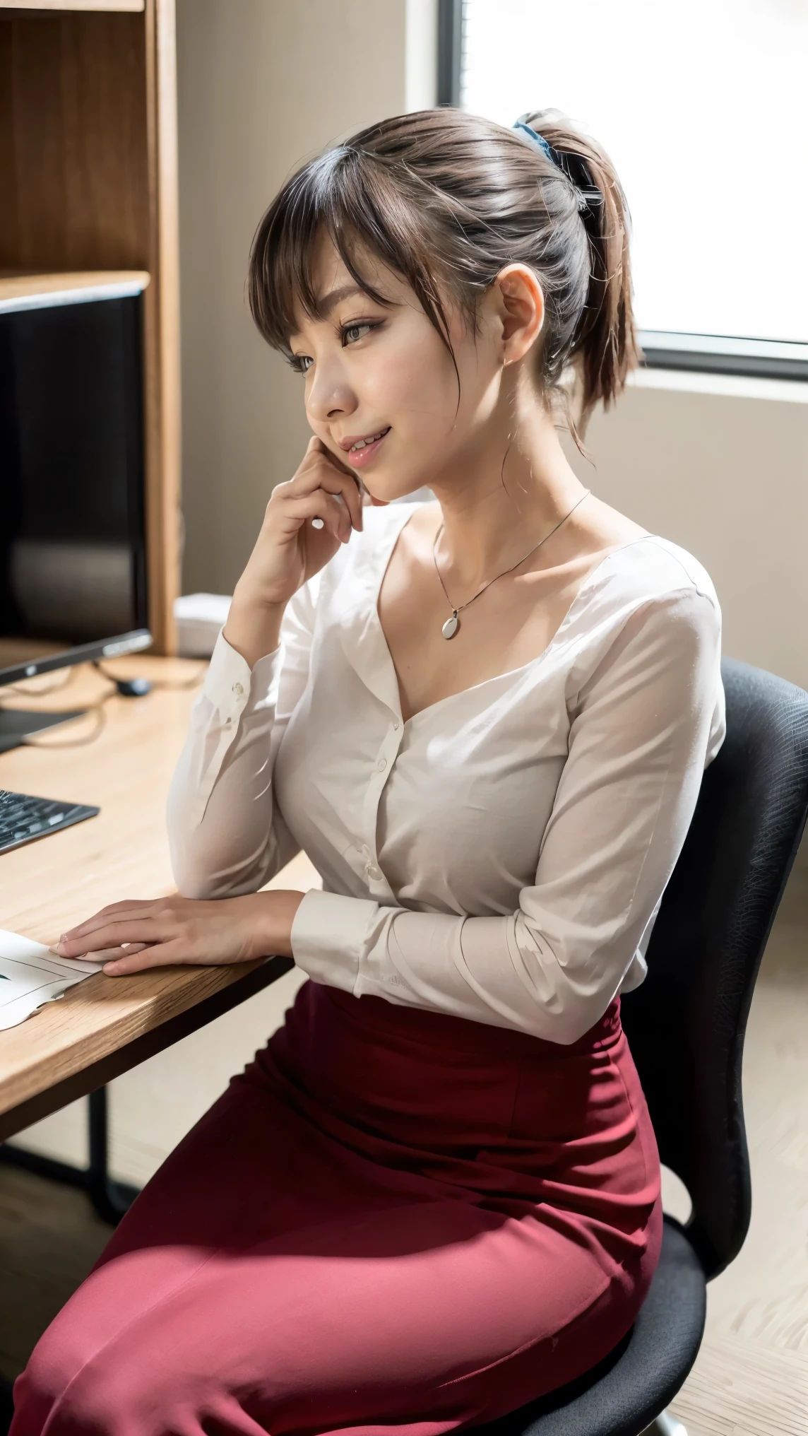 Top Quality, A beautiful, short-haired woman with an intelligent and sophisticated look, laugh, wearing stylish eyeglasses that accentuate her sharp, inquisitive eyes. Her hair is neatly styled in a modern, short cut that complements her facial features, giving her a sleek and polished appearance. She is dressed in a crisp, professional outfit, perhaps a blazer or a blouse, with subtle details that highlight her refined taste. suggesting her intellectual nature. The background is a minimalist office or library, with soft lighting that enhances her calm and focused demeanor. eros