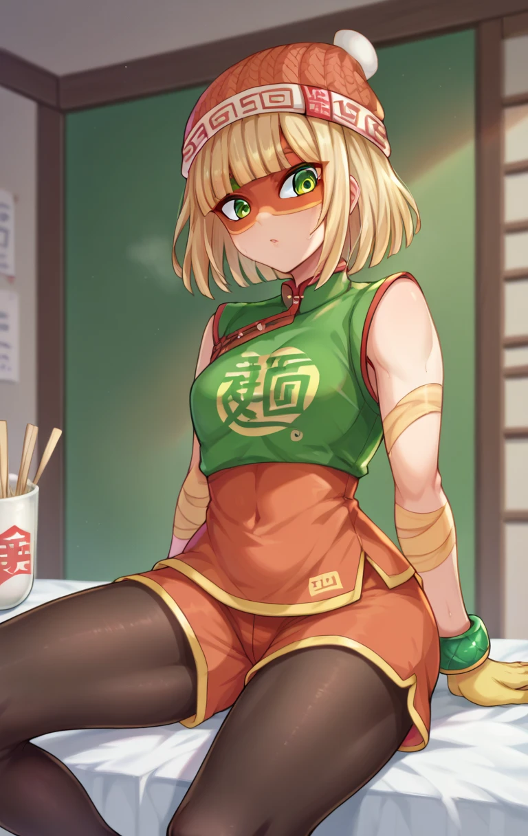 score_9,score_8_up,score_7_up BREAK MinMinSDXL,1girl,short hair,blonde hair,hat,(((yellow arms))),narutomaki,bracelet, mask,green eyes,pantyhose,shorts,blunt bangs,chinese clothes,green shirt,beanie,leggings,noodles,legwear under shorts,orange headwear,cowboy shot,room,room background,sitting,