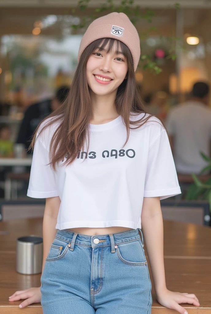  Korean girl with long hair ,  Natural Brown Hair ,   medium chest,  Smiling, seeing white teeth,   knit hat, wear a white cropped T-shirt with a round neck, short sleeves,  Long blue jeans bump, RANDOM GESTURES, stand ,  Daylight  ,  daylight  ,That in the cafe  ,