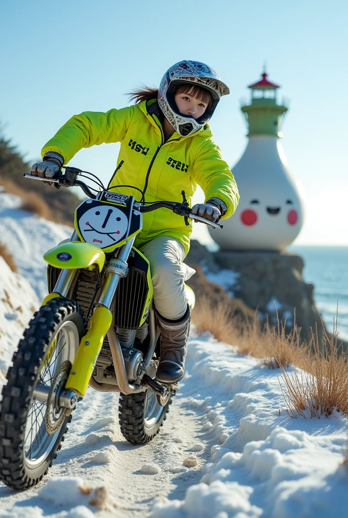 ultra-realistic, photorealistic, dramatic scene, shadow, global-illumination, solo, very beautiful Japanese woman, she is high school student but professional off-road motorcycle rider, She is riding a Kawasaki's off-road motorcycle, in front of the huge daikon radish shaped lighthouse on the cliff, at the snow covered dirt road, wearing a very cute fast-look neon patterned winter riding jacket with warm over pants, leather winter glove, loose fitting wears, wearing a fast-look patterned SHOEI full-face off-road-helmet with a transparent visor, beautiful detailed her eyes, the white daikon that printed on the side of her motorcycle is 1 daikon\(large, very cute white daikon radish character, very cute smiled face, detailed surface texture, chubby, medium-long, full body\), professional lighting, warm winter sunshine, she looks so happy, She shows exceptional skill in high-speed riding, (amazing view of ocean with a daikon radish painted lighthouse), lighthouse\(large, very cute white daikon radish character, very cute smiled face, chubby, medium-long, full body, small hands\), (shoot from below)