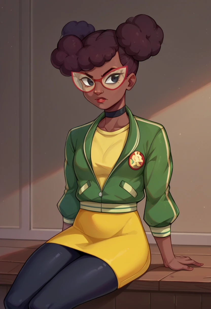 score_9,score_8_up,score_7_up BREAK April2018,1girl,yellow skirt,black hair,black eyes,jacket,choker,dark skin,hair bun,dark-skinned female,double bun,yellow shirt,leggings,very dark skin,afro,cowboy shot,room,room background,sitting,