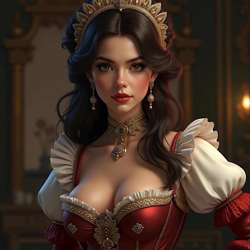 Beautiful Woman, perfect face, feminine, long hair, full body portrait, 4k, white and shiny skin, (((large breast))) , hourglass body, detailed and beautiful face, thin waist, pink nipples, wide hips, red victorian era dress
