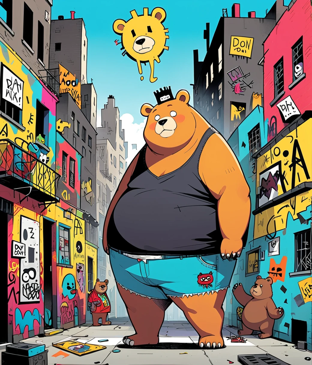 Jim Mahfood Style page, (cute, fat, obese, anthro, male, bear), full body, ((cyan briefs)), 2D Flat, in the style of Jean - Michel Basquiat. Incorporate Basquiat's signature style of street art and graffiti. Include shadows and depth. Dark City rooftop vibe. Consider using a mix of bright colors and black and white to create a striking image. Hints of purple and red