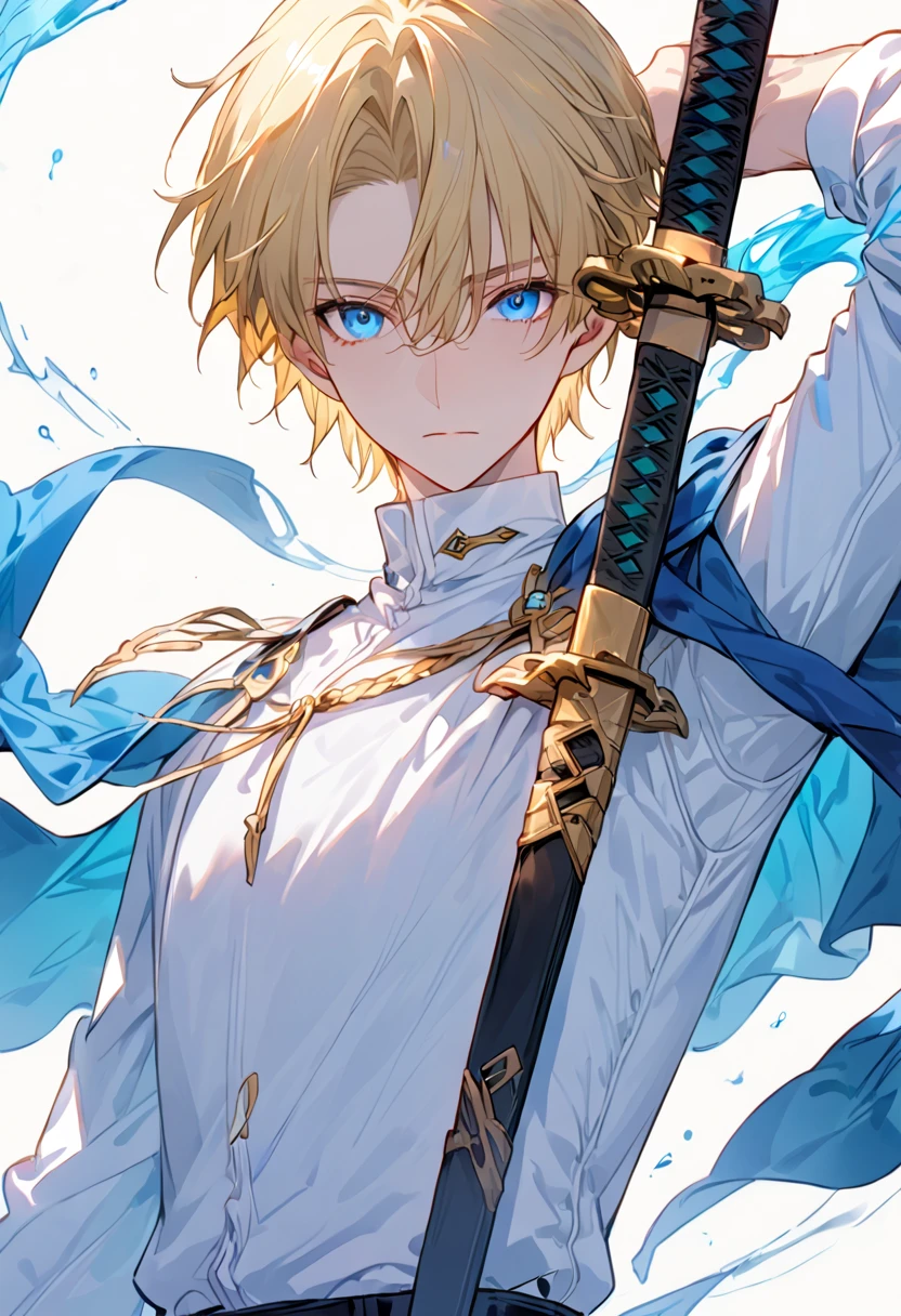 (masculine,male,boy), 20th, 1 male, absurdres, upper_body, hair_between_eyes, holding, holding_weapon, rune swords, white_shirt, harmony, undershirt, weapon, jewelry, cape, shirt, blue_cape, fate_(series), simple_background, gold, short_hair, golden_hair, highres, fantasy, high res image, masterpiece, best quality, clear skin, shiny hair, ultra detailed eyes, dynamic angle, motion lines,