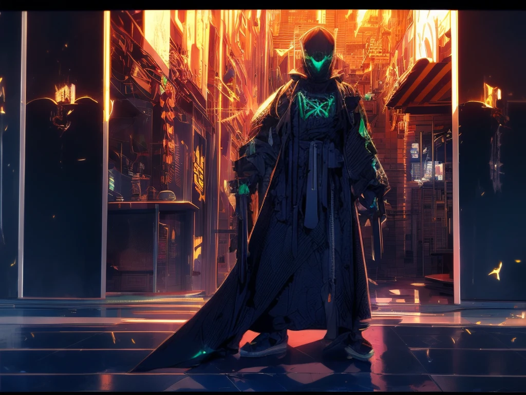 Design a striking cyberpunk-inspired image of a mysterious spiderman cyberpunk samurai character, wearing an intricate Oni mask,The dark background should be illuminated by vibrant aura burning background.Let the interplay of darkness and neon light create an atmosphere that's both alluring and enigmatic,( cyberpunk samurai male character 1.5) standing tall , middle of the image