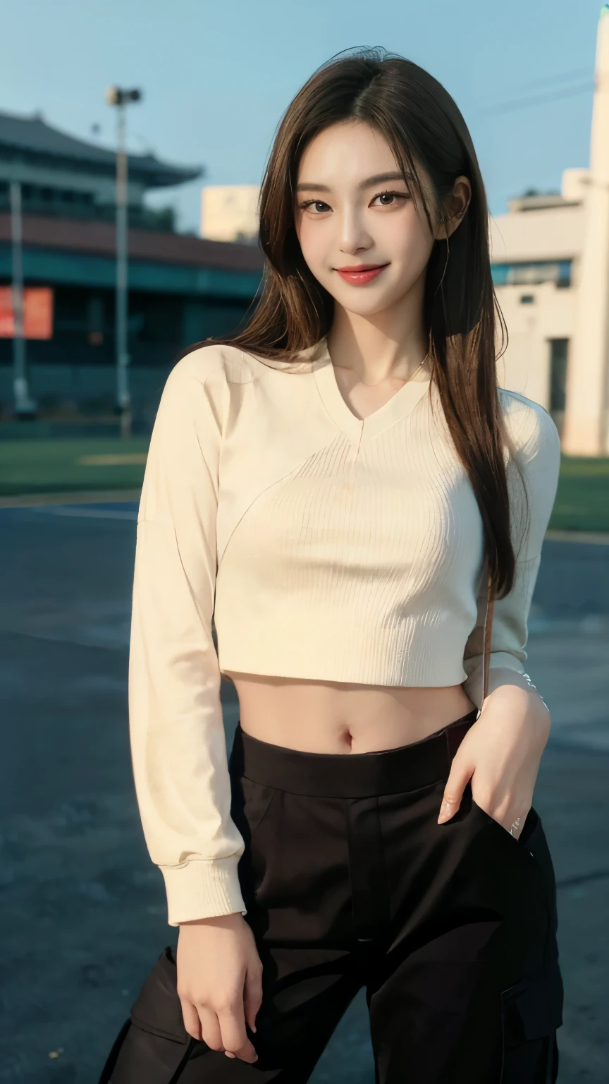 ((best qualtiy, 8K, tmasterpiece:1.3)),Focus:1.2, female high-school student,wooden cabin,(A look of determination)(adolable),delicated face,Long hair waist-length,long hair flowing,Tilt your head,ssmile,Hair details,Delicate Full Body Portrayal,Delicate depiction of the face,Best picture quality,A high resolution,细致背景,Delicate portrayal,exquisitedetails,Rich in detail,Facial strengthening,(crop tops,short skirt),with blue sky and white clouds,wooden cabin,Sitting Among the Flowers,There are no bags under the eyes