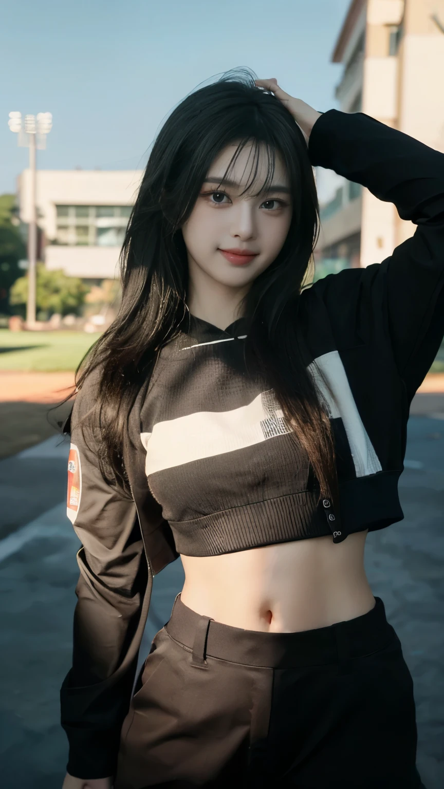 ((Masterpiece, high quality, ultra detailed, RAW Photo)), 1 young girl, Asia girl, Chiquita Babymonster, long black hair, perfect eyes, (lying slikworm), wearing crop top and long cargo pants, baseball jacket, sexy body, (lower abdomen), in front of the cafe, Seoul vibes, Beautiful poses, perfect smile: 1.0
