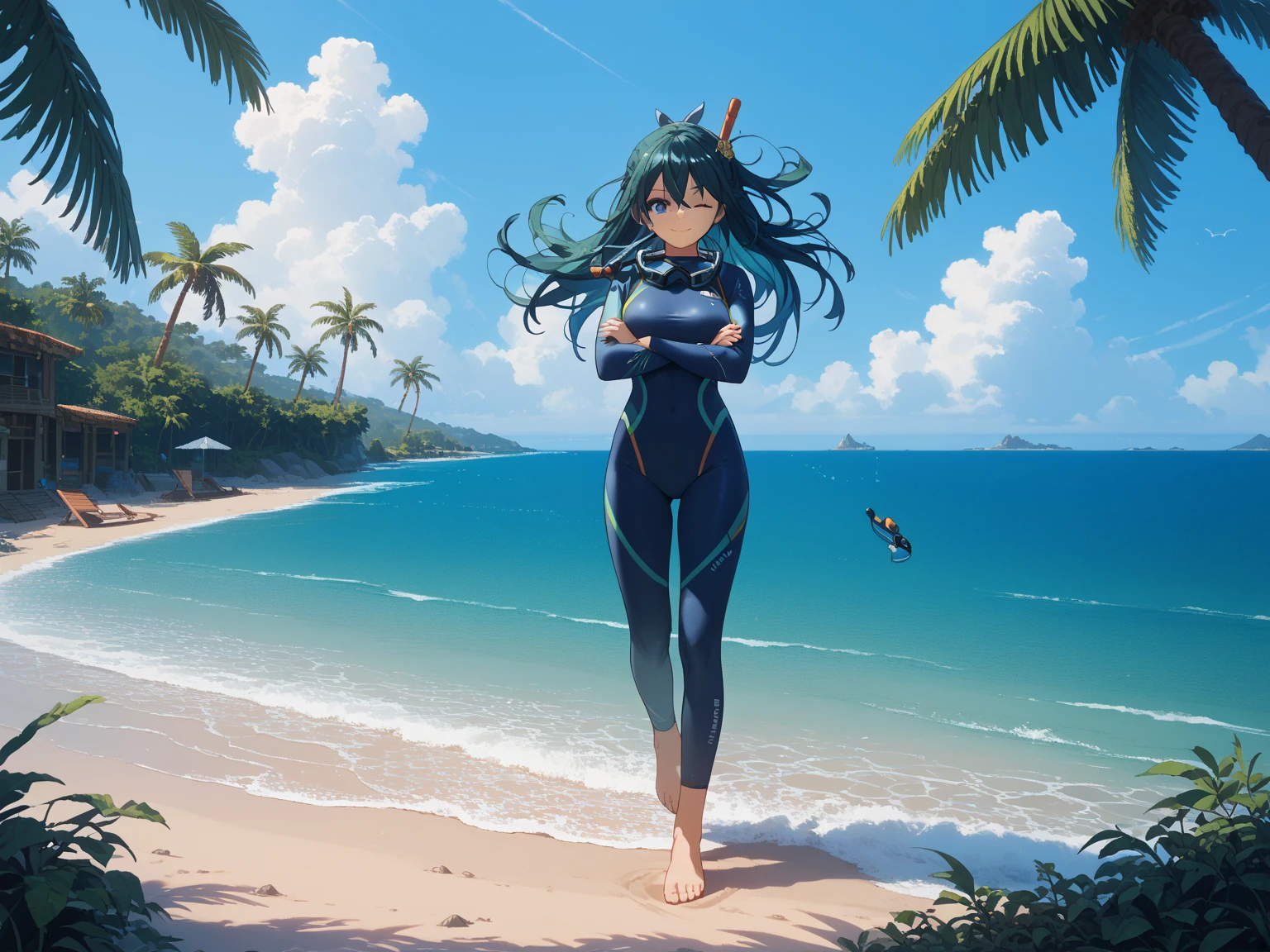 1 girl, black with blue line wetsuit, diving mask with snorkel, seaside,masterpiece,best quality,amazing quality,very aesthetic,high resolution,ultra-detailed,newest,scenery, palm_trees, solo, long hair, breasts, looking at viewer, smile, bangs, green_hair, hair ornament, hair between eyes, closed_mouth, blue_eyes, full body, two-tone_hair, volumetric_lighting, crossed arms, one eye closed.