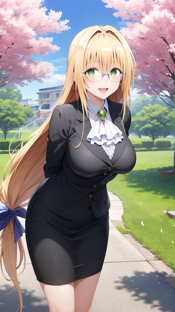 masterpiece, best quality, highres, aatearju, very long hair, low-tied long hair, hair ribbon, green eyes, glasses, large breasts, white ascot, black jacket, long sleeves, black skirt, arms behind back, leaning forward, standing, outdoors, smile, open mouth, cherry blossoms,