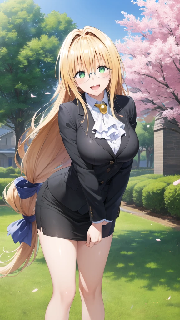 masterpiece, best quality, highres, aatearju, very long hair, low-tied long hair, hair ribbon, green eyes, glasses, large breasts, white ascot, black jacket, long sleeves, black skirt, arms behind back, leaning forward, standing, outdoors, smile, open mouth, cherry blossoms,