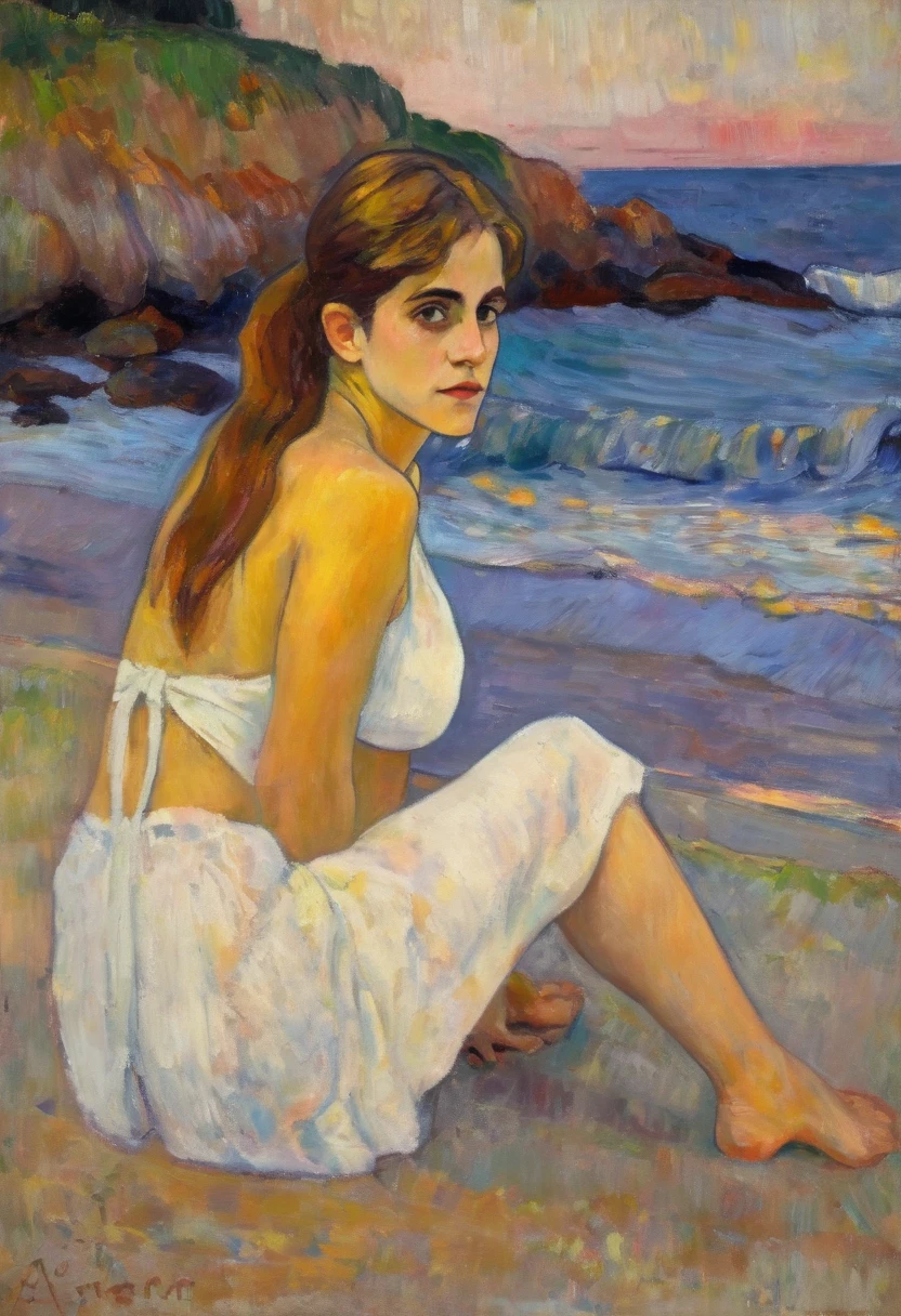 (Nizza 1980s, after sunset), Emma Watson, in white bikini, kneeling squatting at the beach, oil painting in the style of Paul-Gaugin, in the style of Pierre Bonnard,