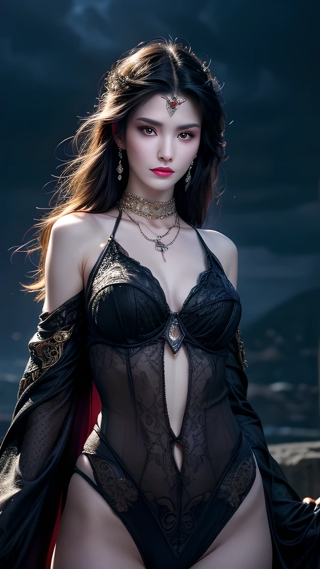 (full body portrait:1.2), gorgeous sexy young woman, sensual, erotic, shoulder length dark coloured hair blowing in the wind, goth girl, clear transparent sheer see-through gothic clothes, iridescent makeup, perfect symmetrical face, small breasts, white skin, looking into the camera, fire blaze, fractal background, apocalyptica, raw color photo, perfectly photorealistic, incredibly detailed, 8k, UHD, 50mm photography, short depth of field, rgb, rave lighting,