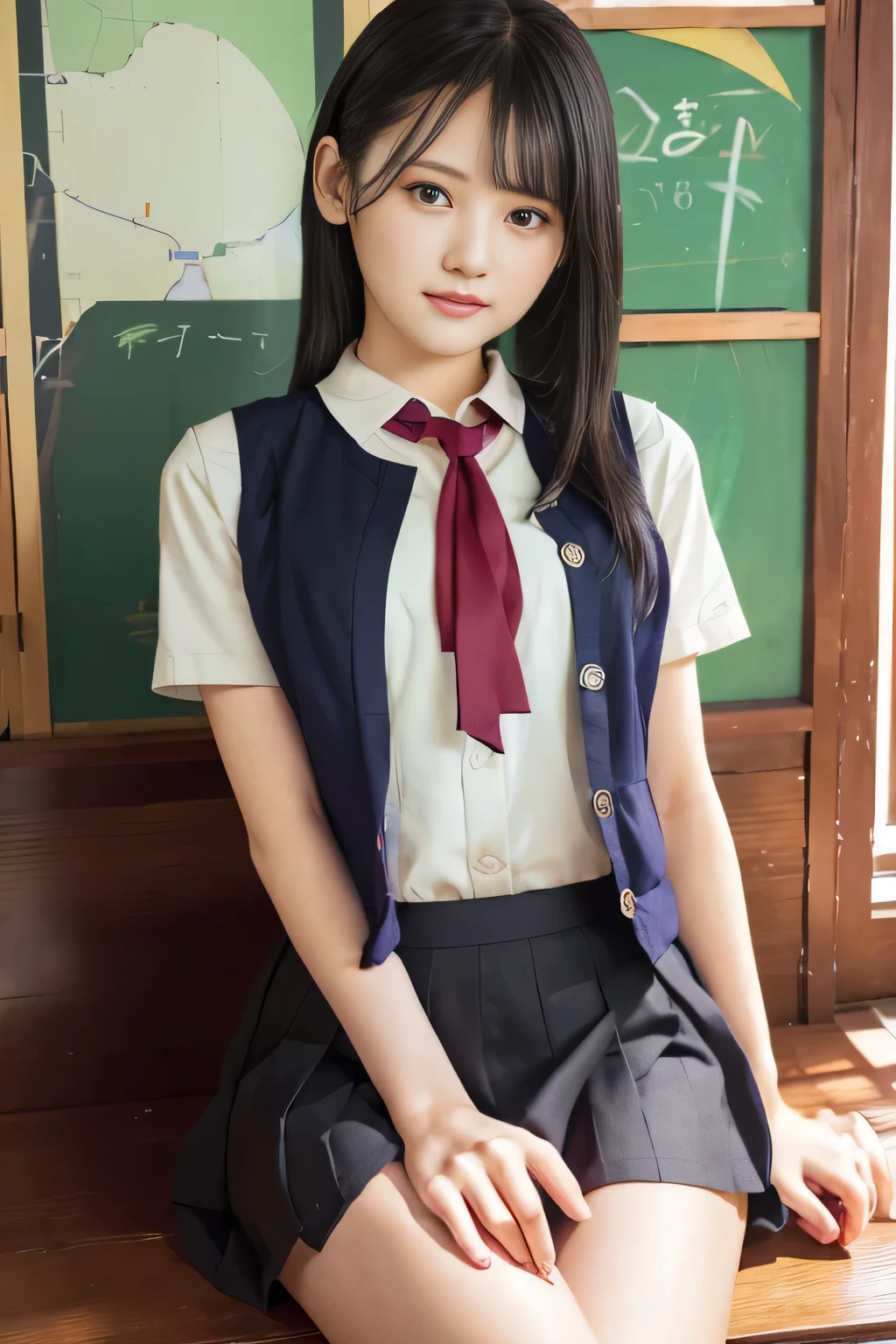 (Japanese Beauty  ),(   beautiful faces 、１８age、  beautiful big eyes),( slender 、Thin legs、Woman with curvaceous figure ),　Schoolgirl、(  Japanese high school uniform  、Grey vest、 white short sleeve blouse、 gray miniskirt with slightly longer hair)  、bus stop、( smirking face、Seduce you) 、(((  sexy)))、((  highlight the chest))  、(((   embarrassing )))、((8k,   high detail 、 masterpiece、 high  quality))、