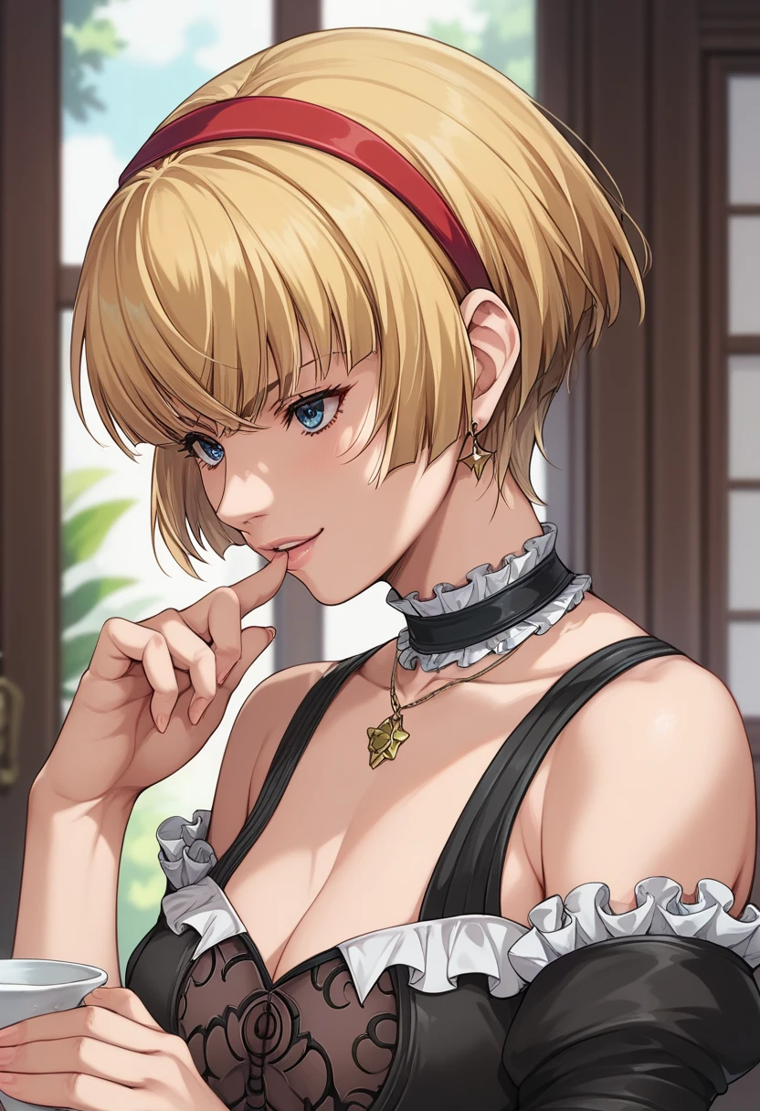 marisa mamiya,,  blonde short hair, 