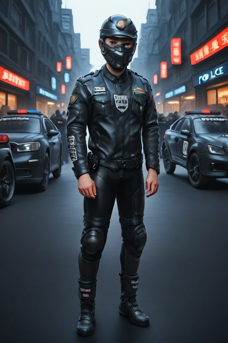 一個肌肉發達的成年男性的Full body image。 Men's Wear Police Tactical Clothing Tactical Equipment Police Tactical Unit，PTU 黑色皮革Full body image、 mask and mask . Wearing Police Leather Jacket ，leggings. Tactical boots.Leather Suitable for Full Body Coverage 。  smooth leather 。   Dark Atmosphere 。 Low Light。  Faint light casts dramatic shadows 。Police Heavy Duty Motorcycle . Strange otherworldly atmosphere 。  Another world city 。 Full body image。。 full-body photo 。 fantasy