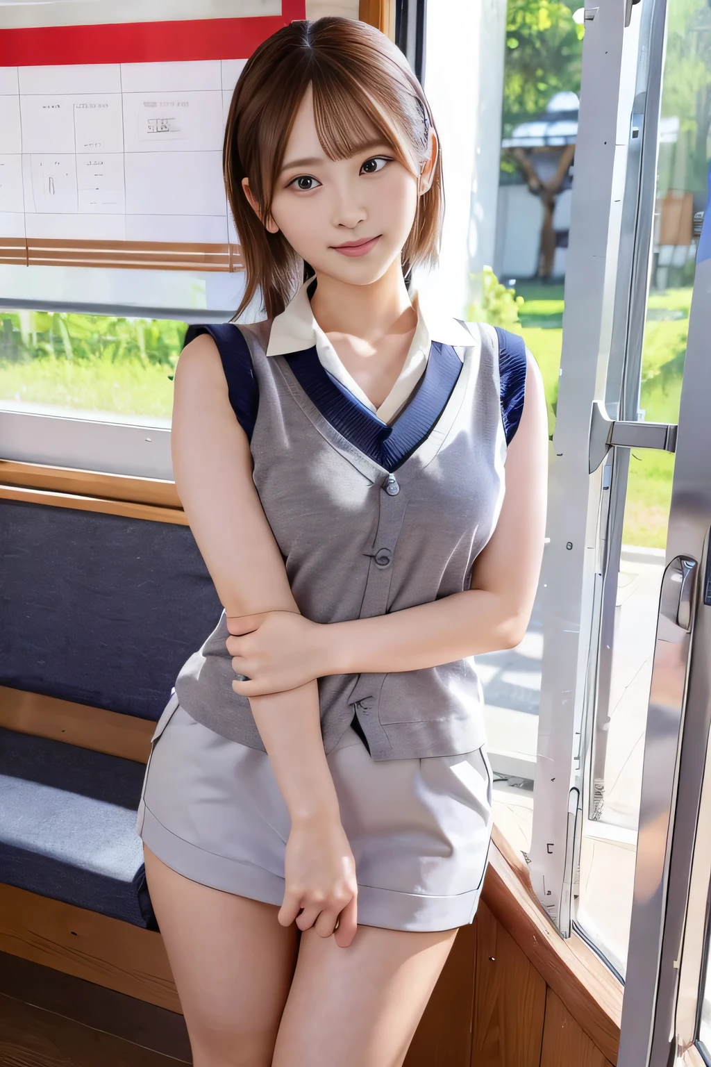 ((masterpiece)),(((Highest quality))),Thin thighs,Long legs,An 18-year-old woman standing on the steps of her school,Japan uniform:1.5,White camellia floral lace bra:1.5,open chest white shirt,The best smile,Short-cut blonde:1.5,short side wave,Wearing stylish sneakers,Spreading her legs