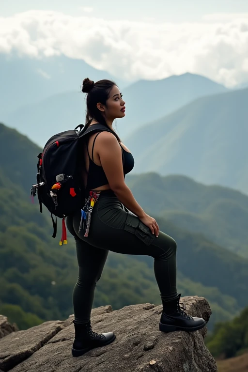 A beautiful indonesian woman, big breasts, tied hair, wearing tanktop and mountain jacket, tight cargo pant and leather boot, climbing tools and accesories on her waist belt. Bought climbing backpack. climb Monolit rock at the top of mountain. morning cloud and tropocal mountain range as background details, bright morning, look at the viewer, cinematic light,