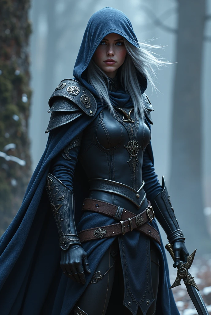 female dark elf, with two blades stained with blood, Elf Assassin, dark blue leather, perfect body, big breasts, leather armour,Red eyes, white long hair