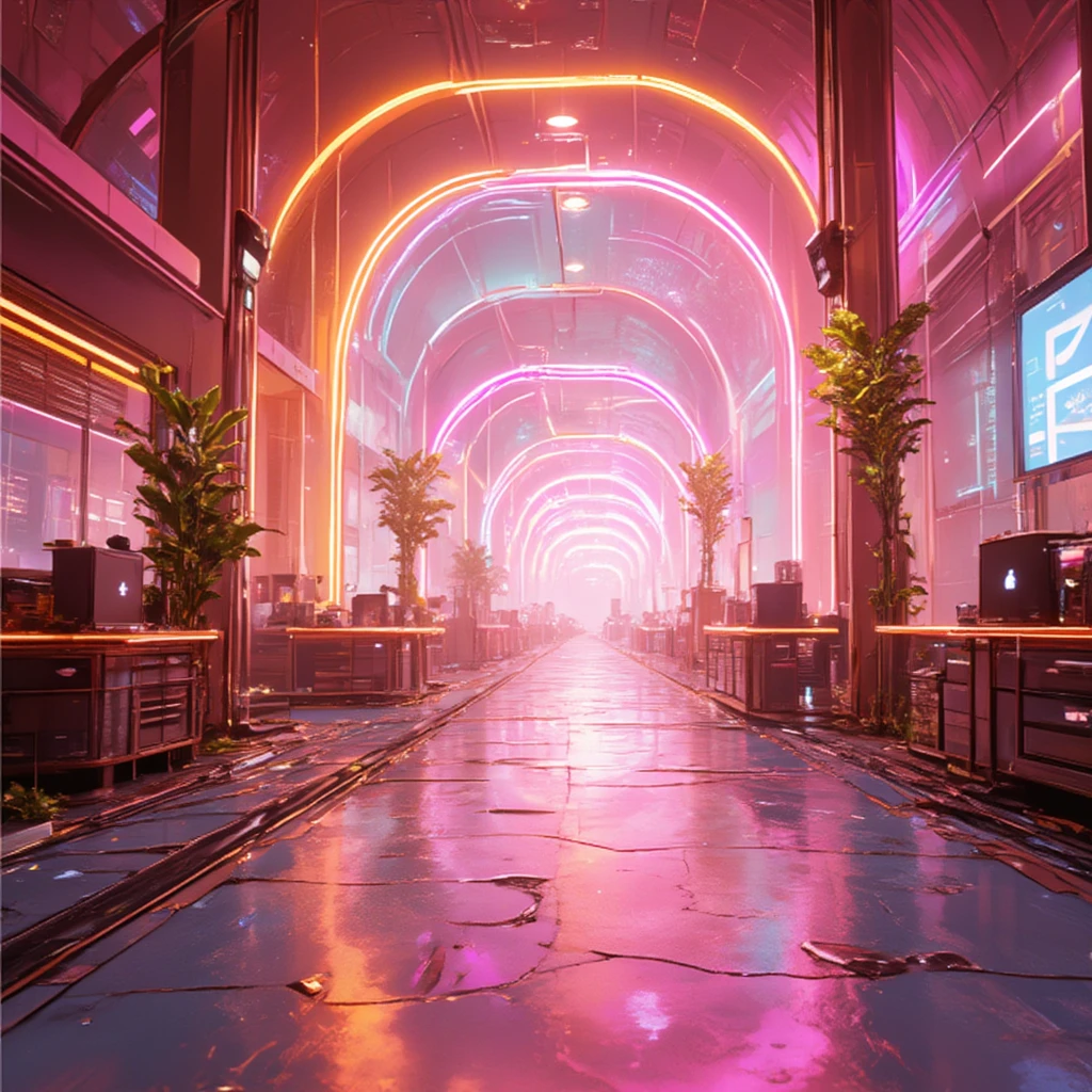 (Digital World), Metaverse BGM production, HDR quality, breathtaking 3D style art design, no text, neon decoration, main colors are pink and brown, the exhilaration of the shining interconnected network spread across the digital world. Producing a scene with a sense of unity. Use vibrant colors like turquoise, gold, and white to create a forward-thinking home aesthetic and futuristic feel.