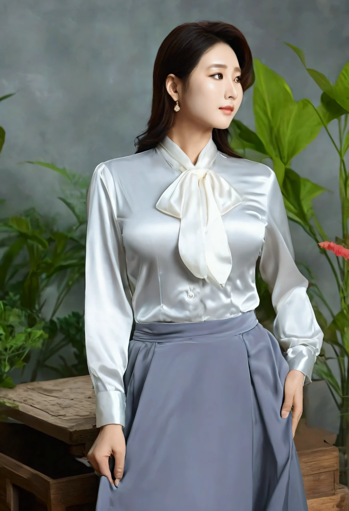 A Korean man had surgery to change his body from male to female, his body is completely female, he has big breasts like a woman, but his face is not changed and still looks like a man, His hair is still manly and short, He is wearing ladies' clothing, a long-sleeved silk blouse and high-waisted mermaid skirt, White blouse and gray skirt, sit quietly