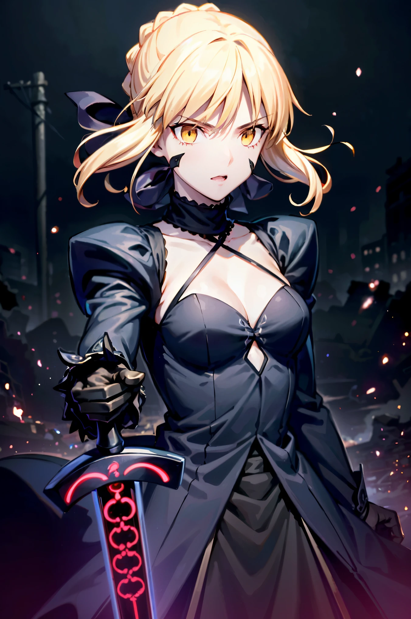 Generate a highly detailed anime-style portrait of a female character with short, blonde hair and sharp blue eyes. The art should feature expressive, semi-realistic facial features with subtle yet painterly shading. The character should be a mysterious and confident vibe. Her expression is captivating, with a slight smirk, and she wears black gloves that reflect a sleek, glossy texture. The background should have a rich, deep red color with soft, abstract brush strokes. The overall style should blend realism with anime aesthetics, using bold outlines, detailed facial features, and dramatic lighting to create a moody and atmospheric scene. The color palette should be vibrant yet harmonized, with strong contrast between the character and the background. shackles and chains on her limbs, showing that she is a slave