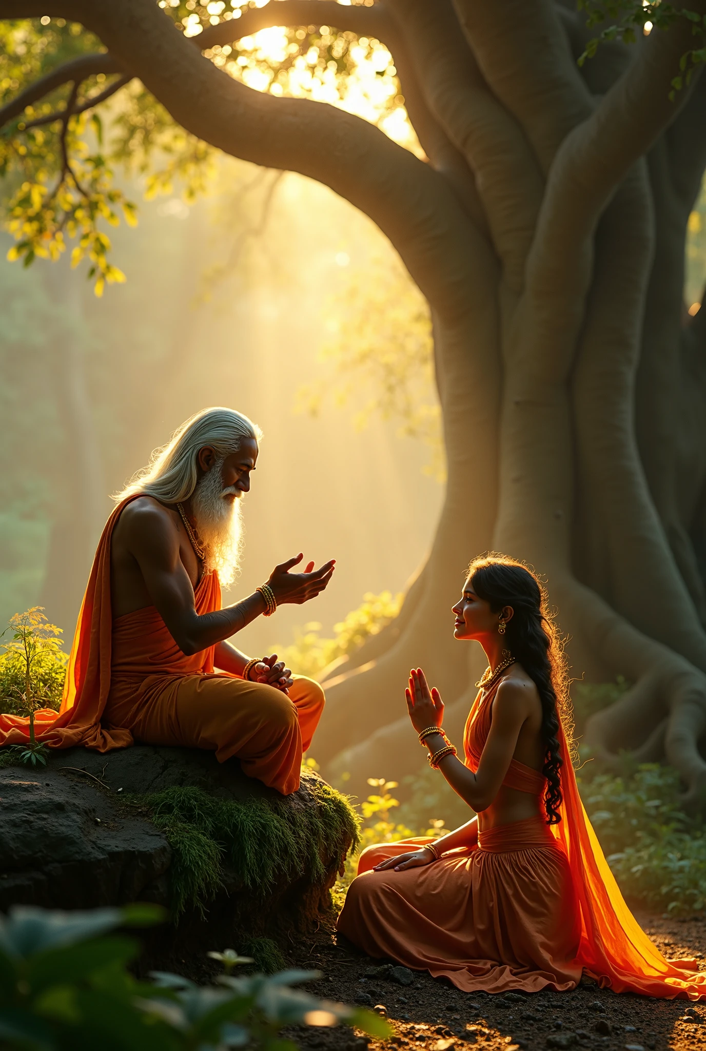 A beautiful woman talking a sadhu