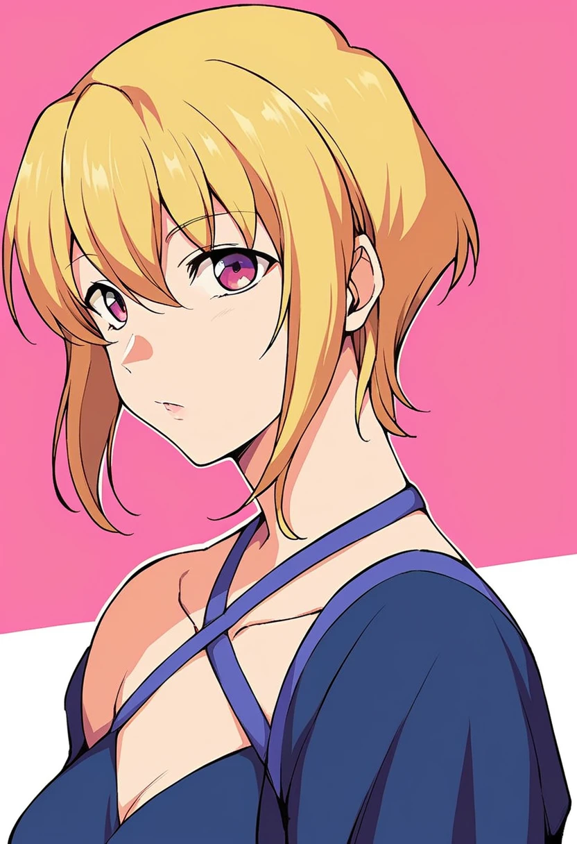 score_9,score_8_up,score_7_up,score_6_up,score_5_up,score_4_up,anime coloring,source_anime,stella,1girl,solo,purple eyes,blonde hair,short hair,two-tone dress,halterneck,multicolored background,portrait,upper body,looking at viewer,