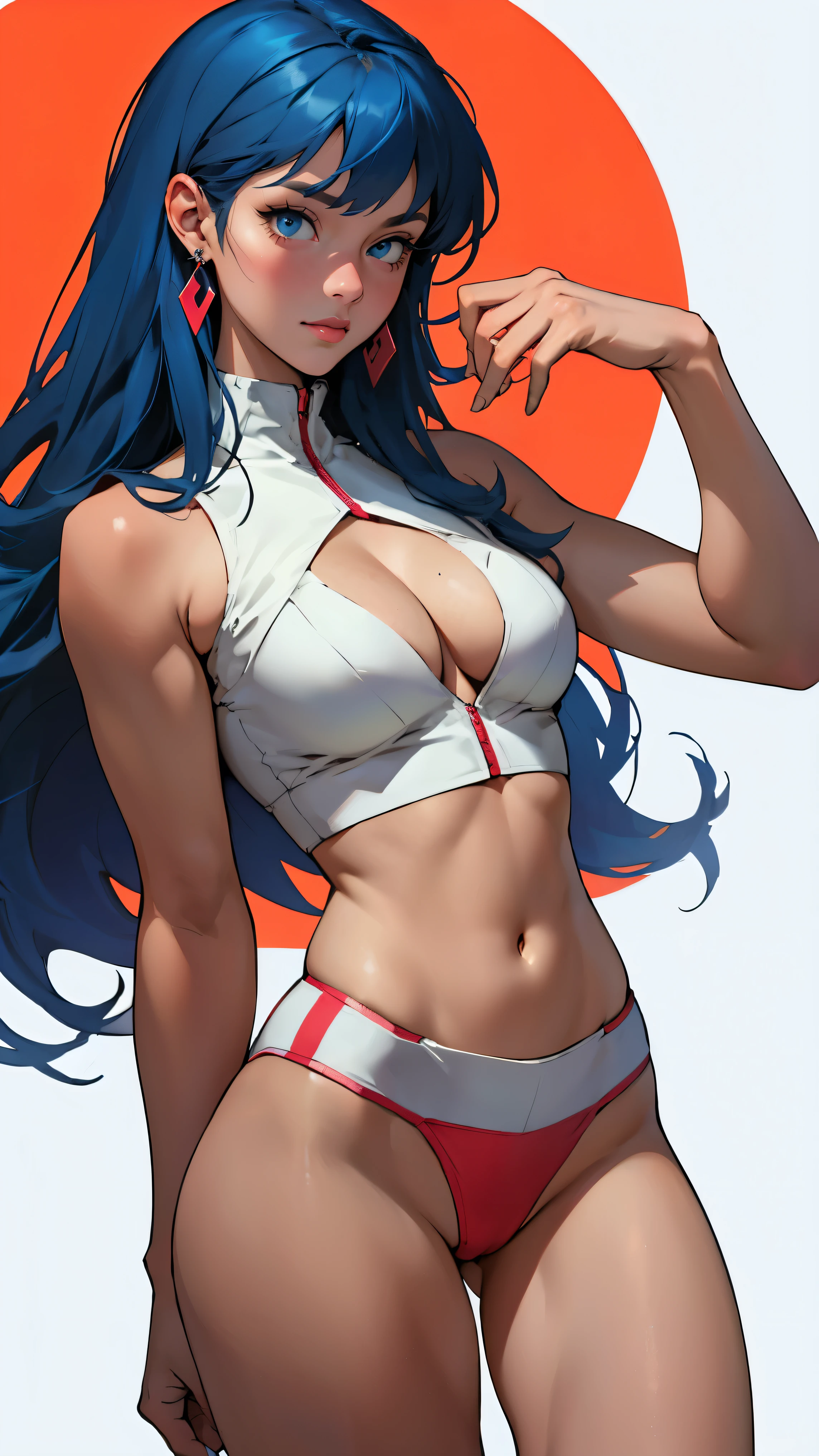 ((Masterpiece, highest quality; 1.3)), super quality, beautiful detail, super detailed, extra fine, 16K, exquisite, absurd, high resolution, beautiful background, detailed background, beautiful eyes, beautiful skin, anime style, dirtypairyuri, Dirty Pair Yuri in a skimpy white outfit, long blue hair, blue eyes, earrings, white uniform, white crop top, cutout, sleeveless, wearing tight clothing, skimpy, (breasts: 1.2), cleavage, cleavage, , obliques, fit arms, slim waist, ((wide hips)), fit thighs, (thigh gap), showing stomach, (skinny frame), wide hips, cyberpunk city background, holding a retro space gun