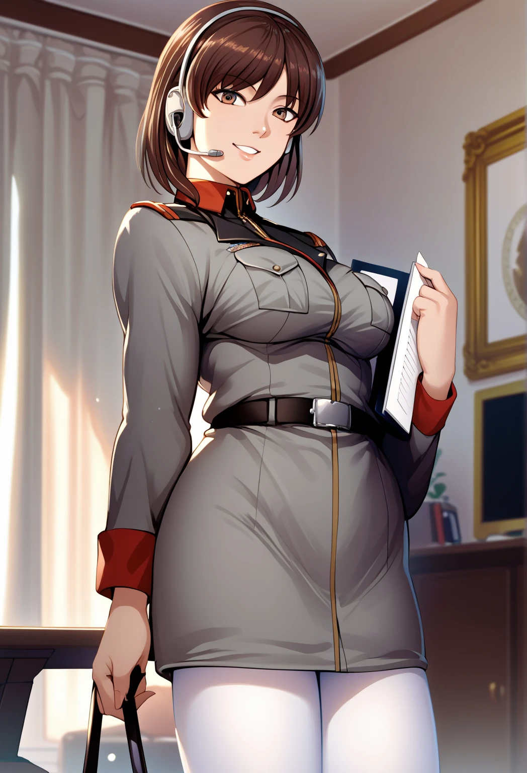 score_9, score_8_up, score_7_up, source_anime, solo, 1girl, n0el anderson, smile, looking at you, standing, holding clipboard, short hair, brown hair, headset, brown eyes, military uniform, grey jacket, breast pocket, black belt, long sleeves, white pantyhose, indoors
