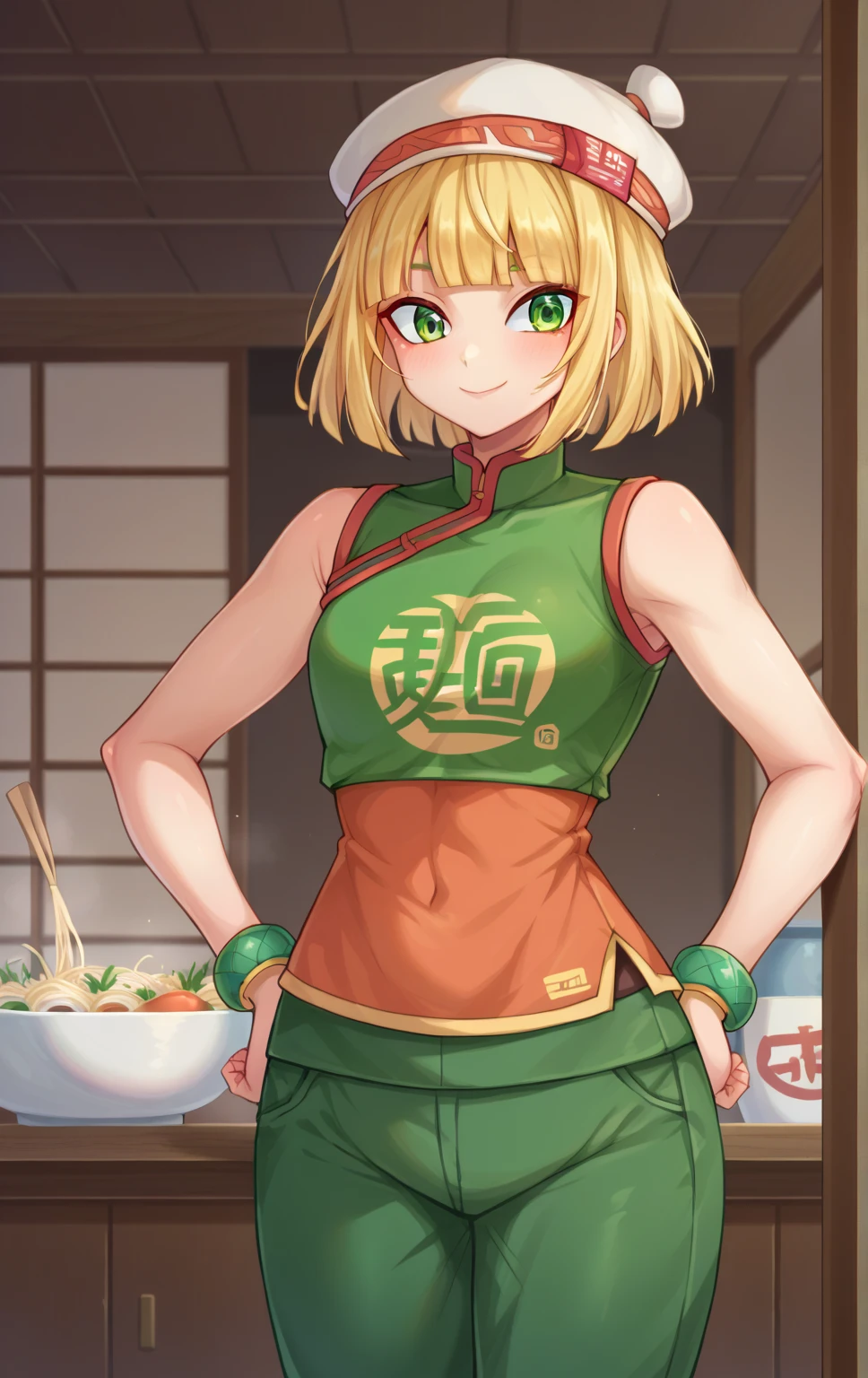 score_9,score_8_up,score_7_up BREAK MinMinSDXL,1girl,short hair,blonde hair,hat,narutomaki,bracelet,green eyes,pantyhose,pants,blunt bangs,chinese clothes,orange tanktop,   noodles,cowboy shot,room,room background, orange tanktop, green pants, crop top, sleeveless, smile, hands on hips 