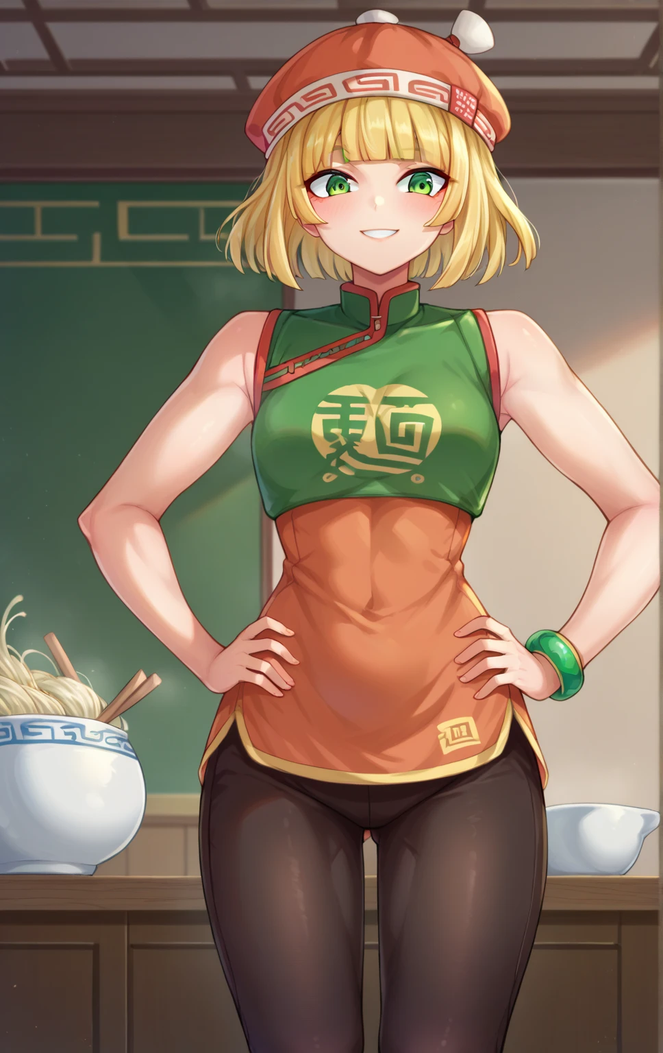 score_9,score_8_up,score_7_up BREAK MinMinSDXL,1girl,short hair,blonde hair,hat,narutomaki,bracelet,green eyes,pantyhose,pants,blunt bangs,chinese clothes,orange tanktop,   noodles,cowboy shot,room,room background, orange tanktop, green pants, crop top, sleeveless, smile, hands on hips 