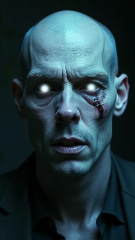 "A bald man with pale, almost translucent skin, marked by faint dark veins and subtle traces of imperfections. His eyes are completely white, glowing faintly, creating a mysterious and slightly unsettling gaze. His mouth is normal in size but slightly tense, with no visible blood or deformities, presenting an expression of suppressed emotion or hidden turmoil. The lighting is cold and bluish, coming from above, emphasizing the contours of his face, while deep shadows accentuate the eye sockets, nostrils, and jawline, adding depth and intrigue to his features. The background is dark and blurred, ensuring the full focus remains on the man. The setting should be ominous and intimidating, evoking a sense of mystery and suspense."